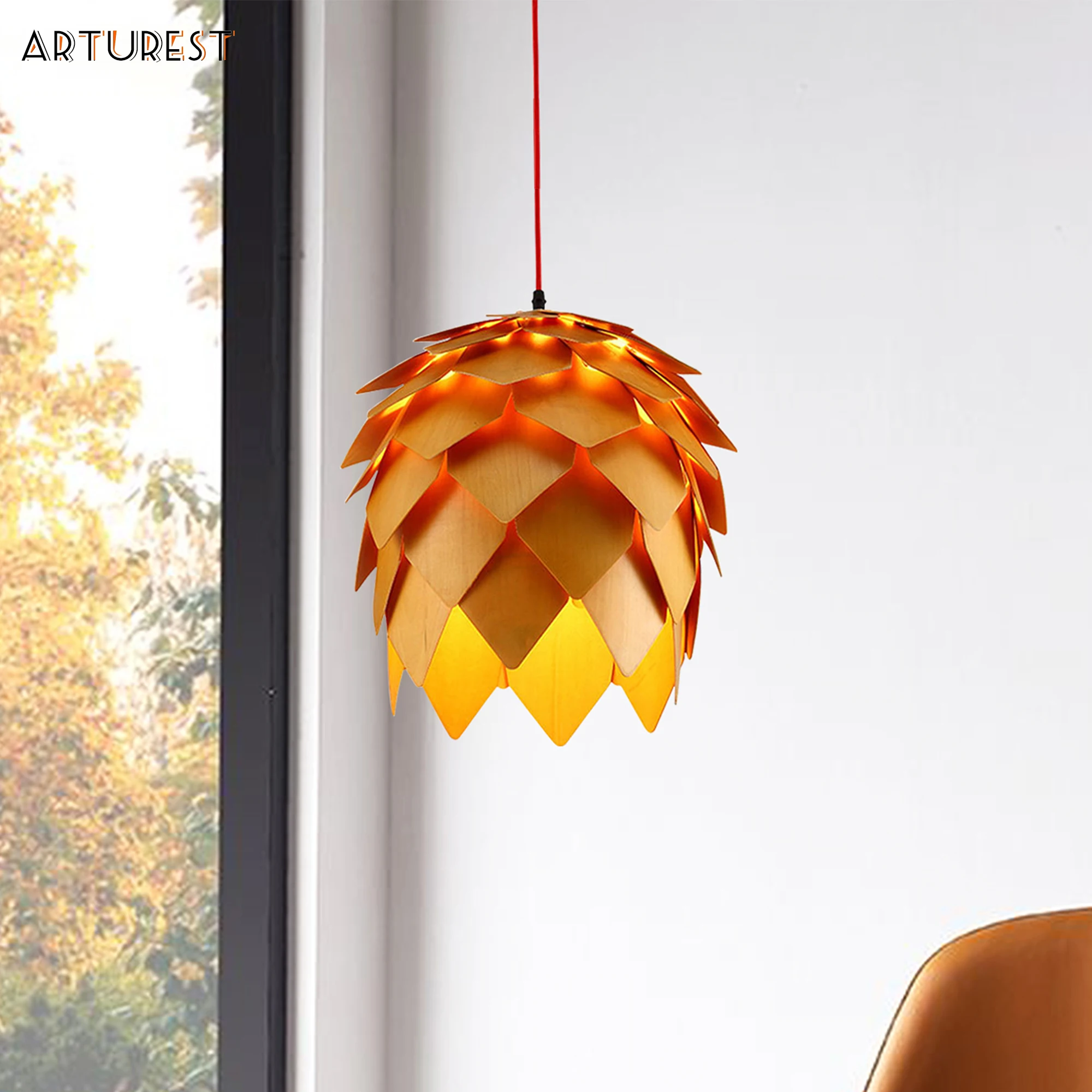 

Arturesthome Creativity Wood pendant light living room restaurant kitchen hanging lights wooden art pine cone chip Chandeliers