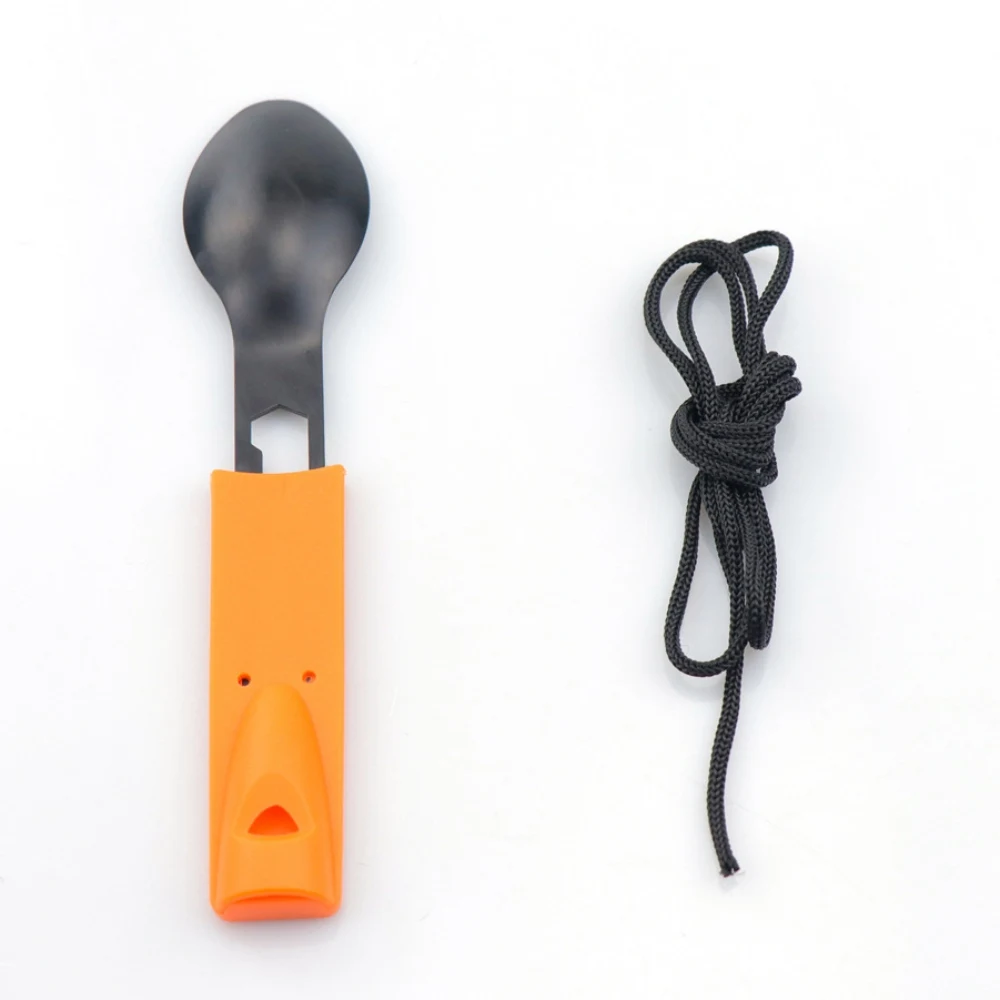 

3 in 1 Outdoor Camping Tableware Spoon Knife Whistle Stainless Steel Portable with Line for Hiking Travel Survival Picnic