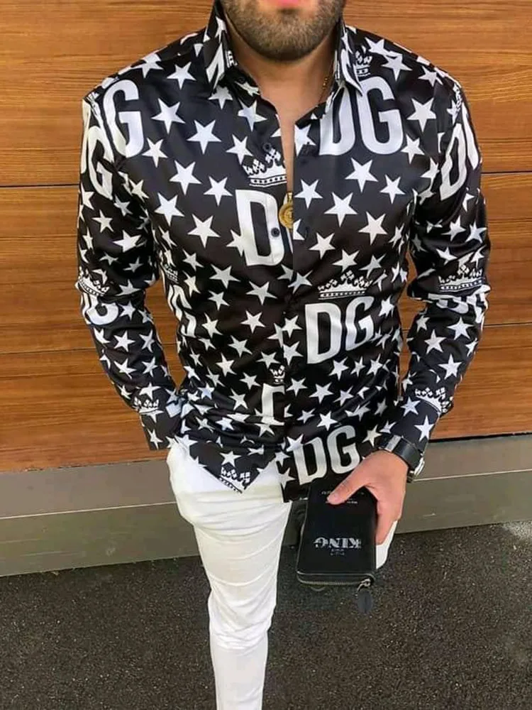 

Autumn Fashion New Men Shirts Black Letter Printing Chemise Casual Long Sleeve Tops Little Stars Homme Social Club Prom Camisa