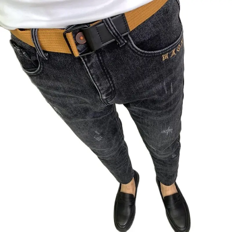 

korean fashion male 2021 spring embroidery Grey man slim stretch hiphop casual teenagers pencil trousers cowboy Denim jeans men