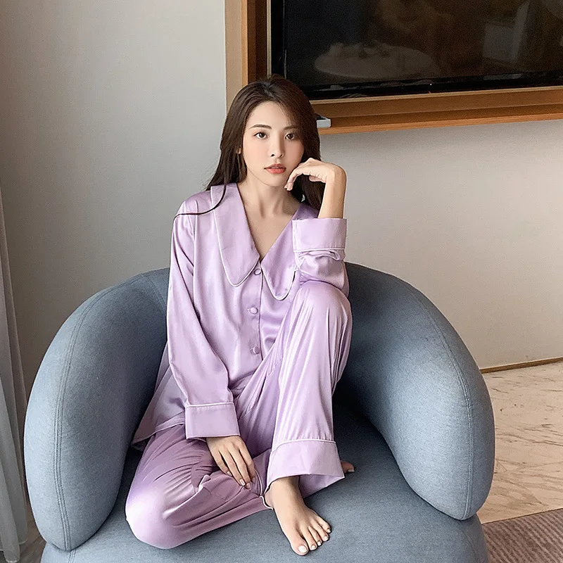 Пижама женская атласная однотонная тонкий кардиган с длинным рукавом | Женская