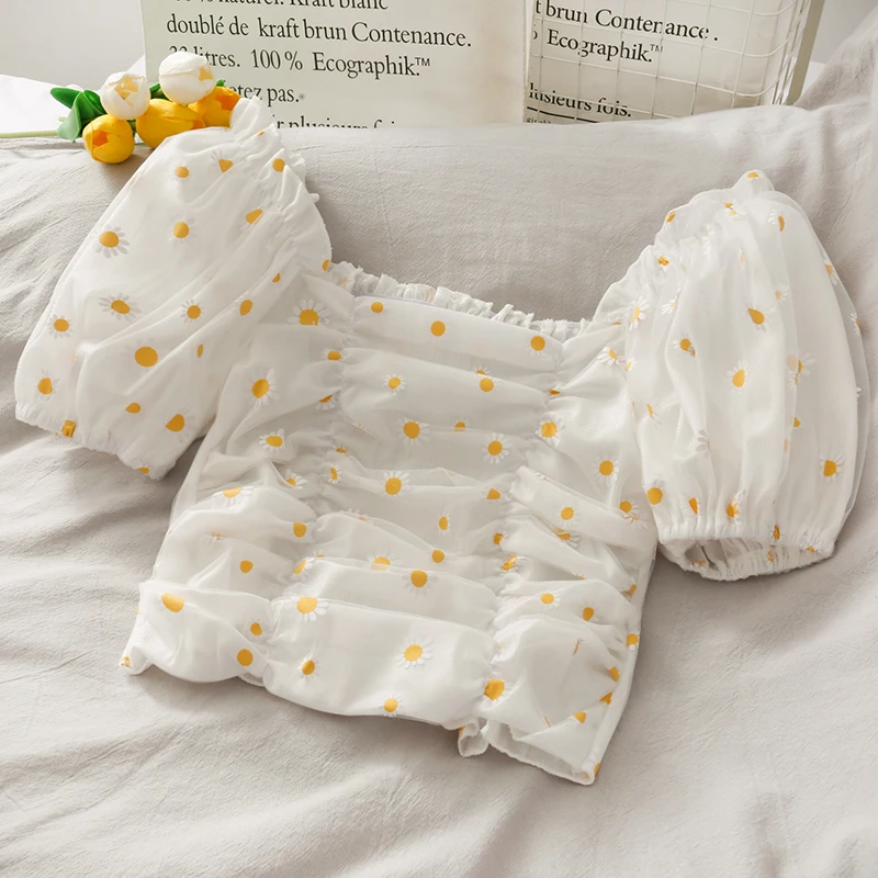 Summer Sweet Fairy Vintage Top Female Short Slash Neck Off Shoulder Puff Sleeve Shirts Women Mesh Chiffon Embroidery Blouses