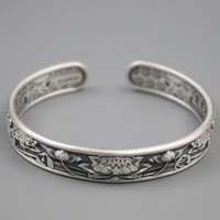 fine pure s999 sterling silver bangle women 12mmw lotus flower link figure bracelet 58 64mm 37 38g
