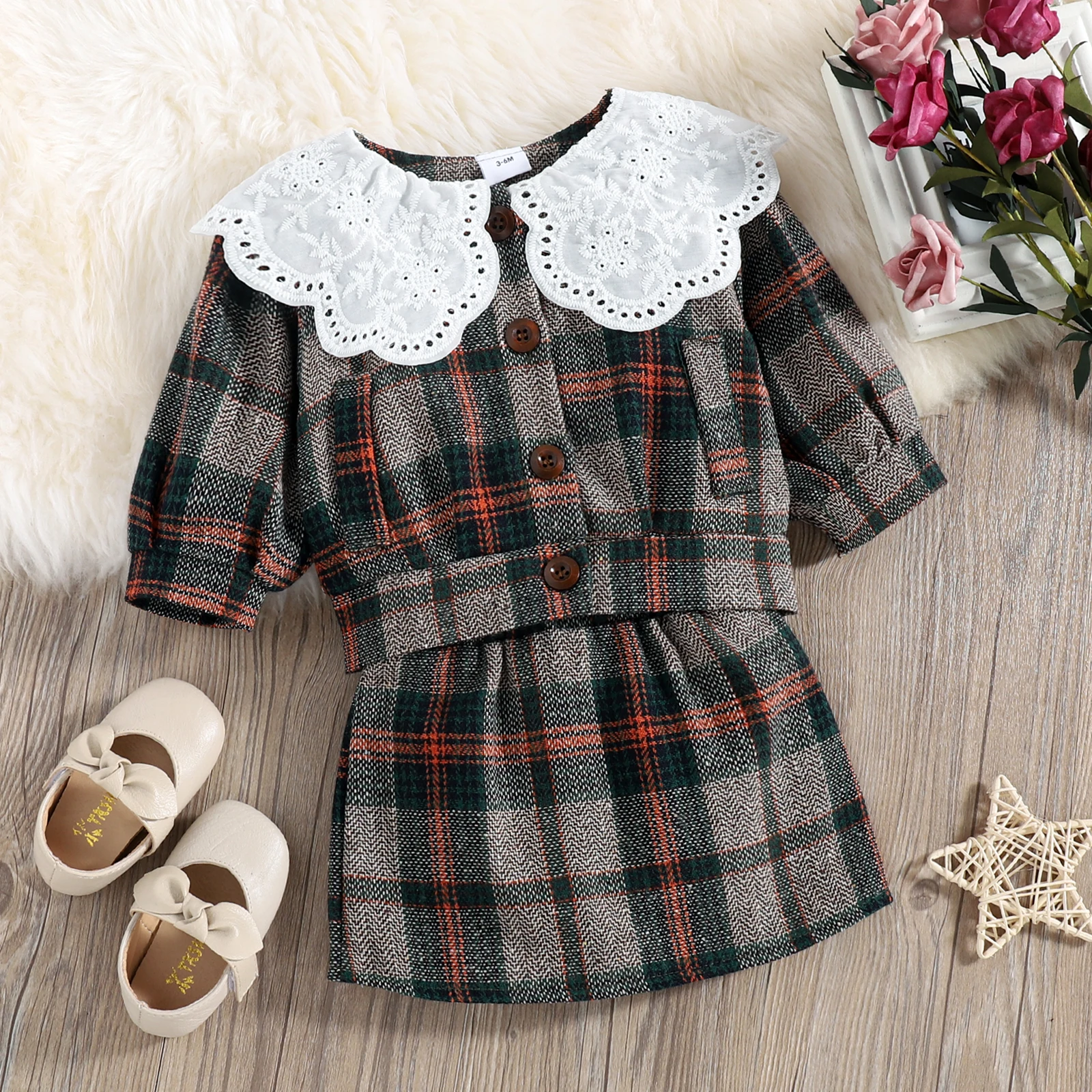 

Infant Plaid Outfits Clothing Baby Girls Color Block Long Sleeve Lace Doll Collar Cardigan Skirt 2pcs Newborn Set