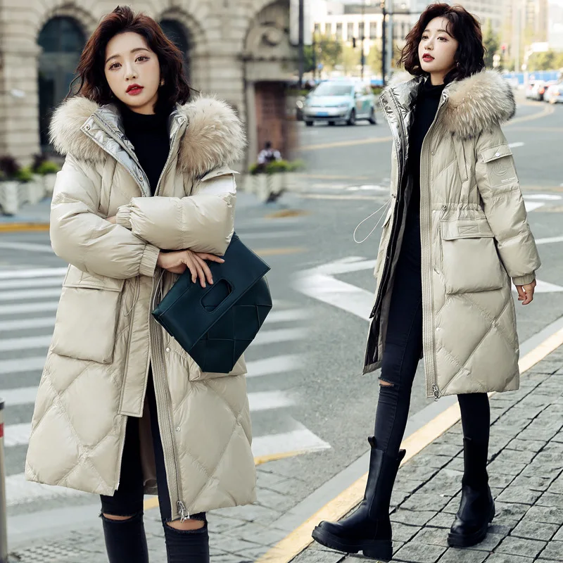 LUZUZI/Зимний Большой пуховик с капюшоном из натурального меха енота женский теплый