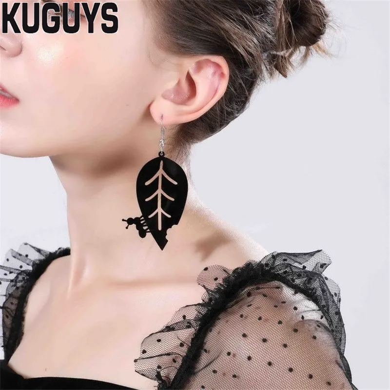 KUGUYS черный муравей листьев Висячие серьги для женщин Акриловые Асимметричные листья большие модные с