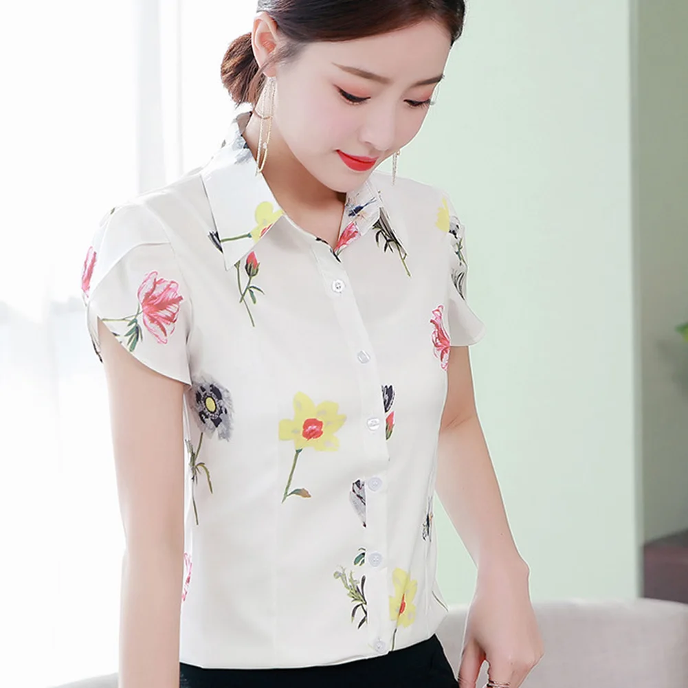 

Women Printed Chiffon Shirt Slim Fit Short Sleeve Shirts Top Work Office SWD889