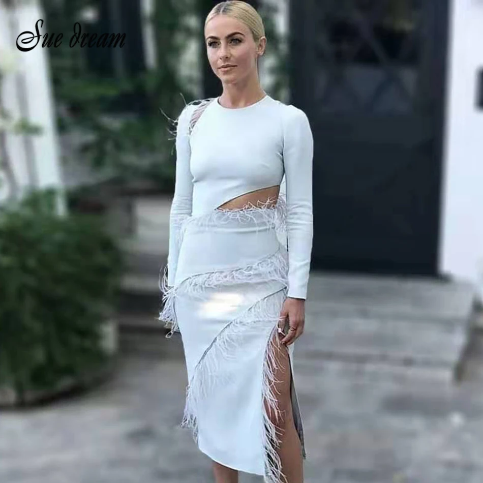 Женское платье с перьями белое Клубное длинным рукавом и вырезами Бандажное