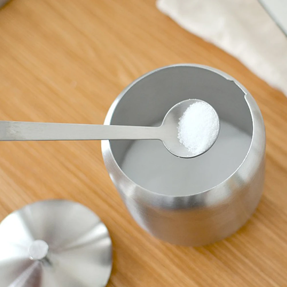 Household Sugar Bowl Coffee Salt Storage Silver Seasoning Jar Small Durable With Lid Spoon Kitchen Stainless Steel Condiment Pot | Дом и сад