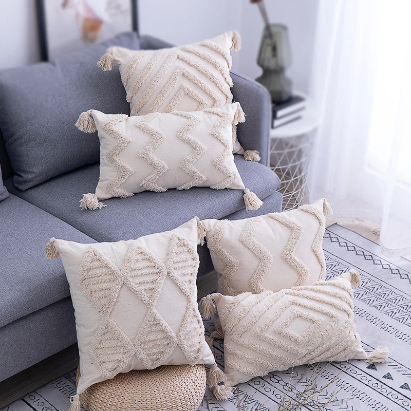 

Retro Diamond Tufted Sofa Cushion Cover Linen Pillowcase With Tassel Moroccan Decorative Pillow Covers For Home