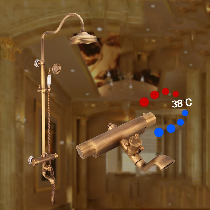 Античный латунный термостатический смеситель для душа с двумя ручками ванной