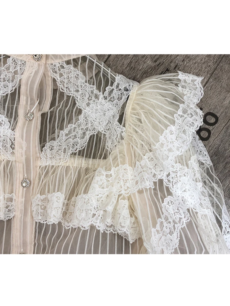 

Free shipping heavy craft applique irregular lace sexy hollow striped shirt ladies autumn new style personality top