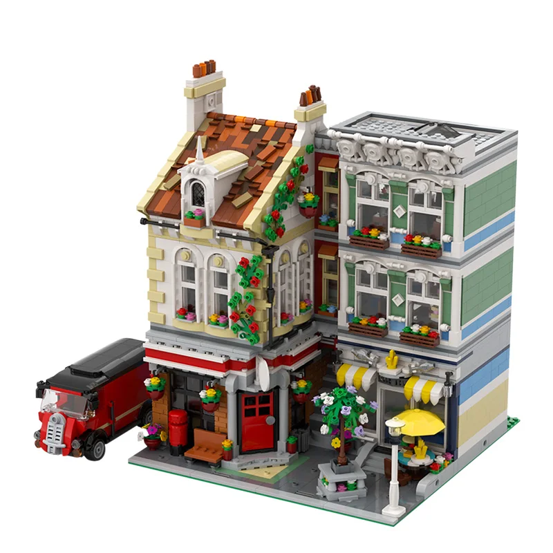 

Buildmoc Creator Expert Corner Post Office With Delivery Car City Street View Modular Architecture Building Blocks Kid Toys Gift