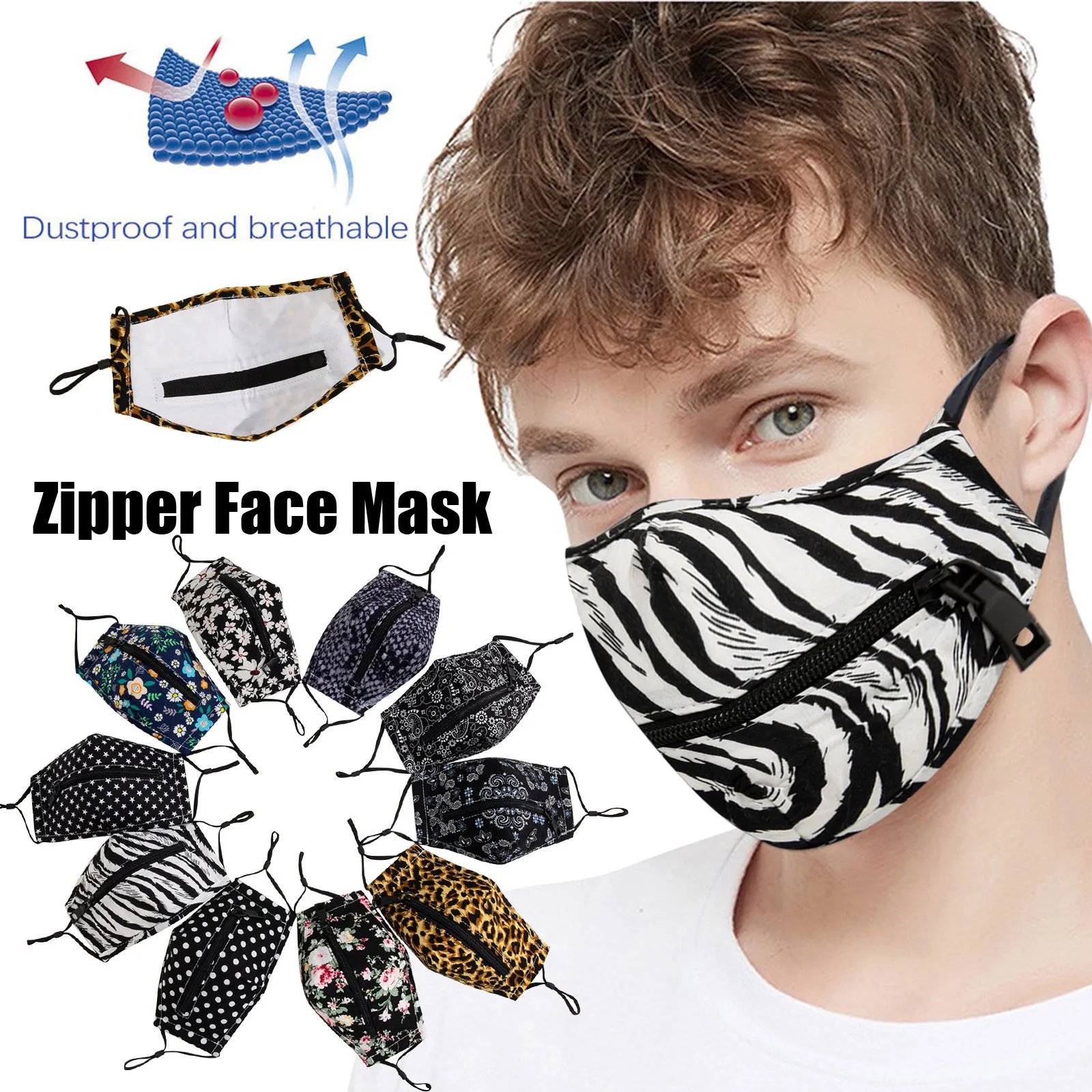 

Fashion Print Masks Adult Woman Print Washable Protective Reusable Zipper Face Mask Easy To Drink Protective Mask Mascarillas