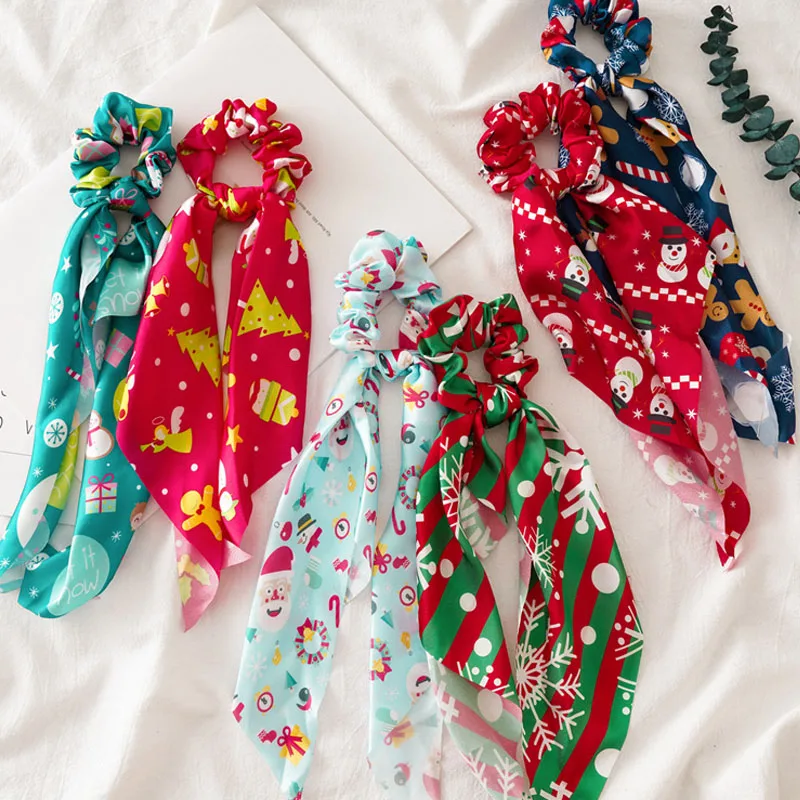 

Christmas Tree Snowman Print Women Hair Scrunchies Bows Ponytail Holder Hairband Bow Knot Scrunchy Girls Hair Ties Accessories