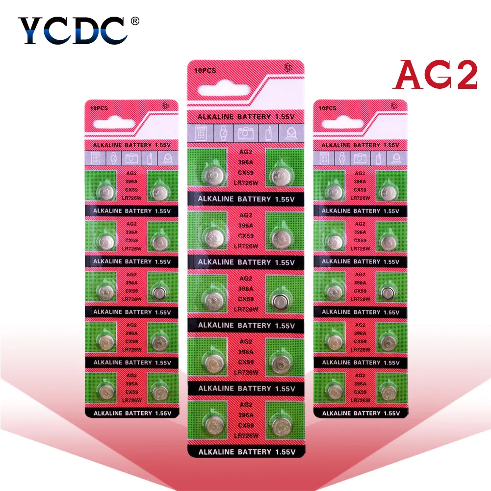 

YCDC 10-100Pcs AG2 Button Cell Batteries For Watch Toys Remote LR726 396 SR726 196 Coin Alkaline Battery 1.55V SG2 SR9 726 LR59