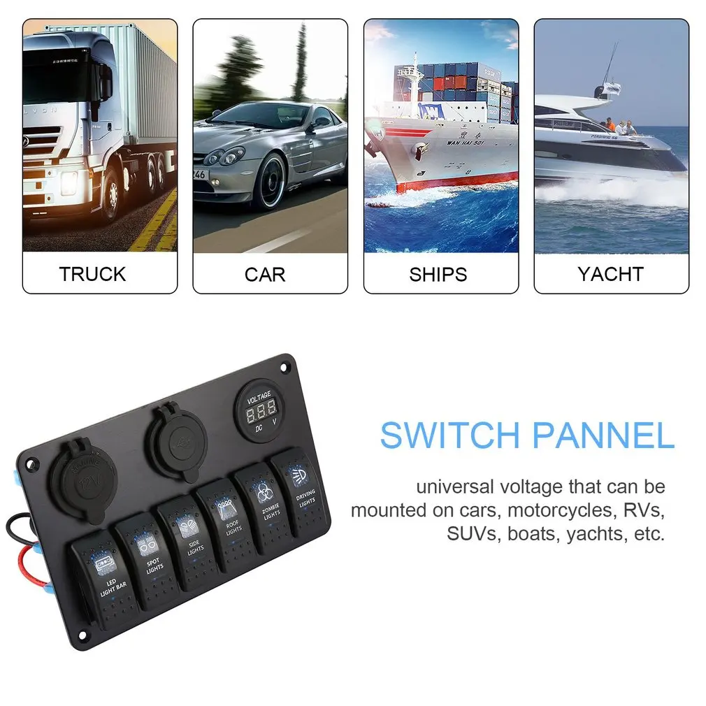 6 Gang Waterproof RV Car Marine Boat Circuit Breaker LED Rocker Switch Panel Dual USB Charger Cigarette Socket | Автомобили и