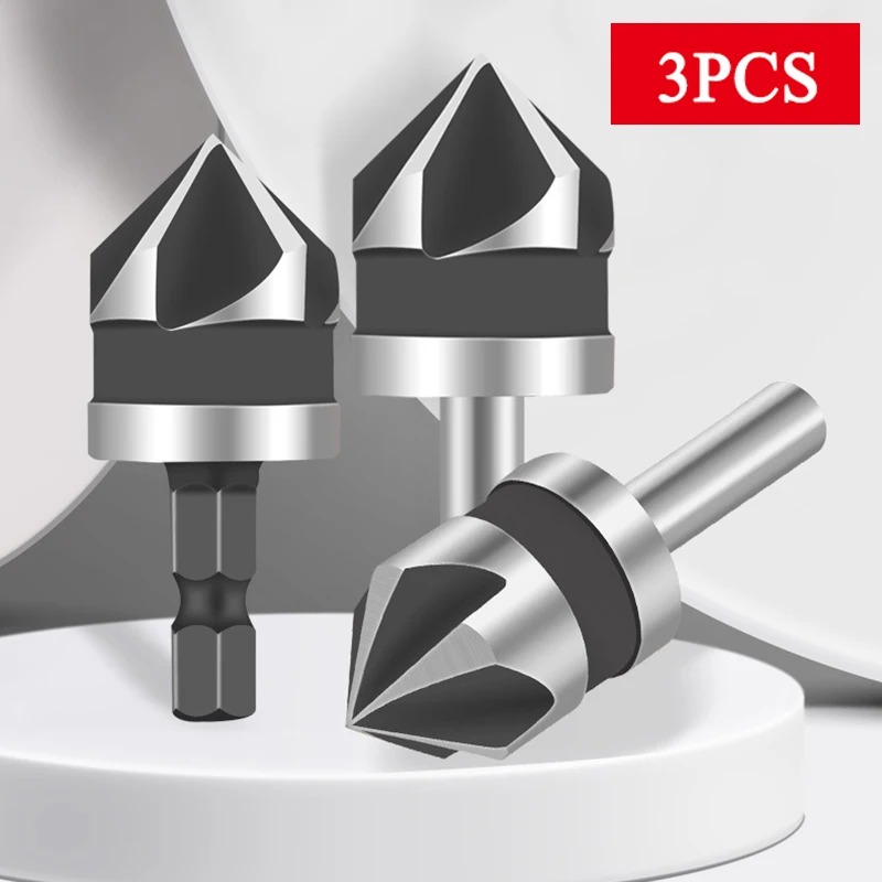 

3pcs 12/16/19mm High Carbon Steel Five-blade Slotting Chamfering Tool Countersunk Head Set Woodworking Taper Chamfering Tool
