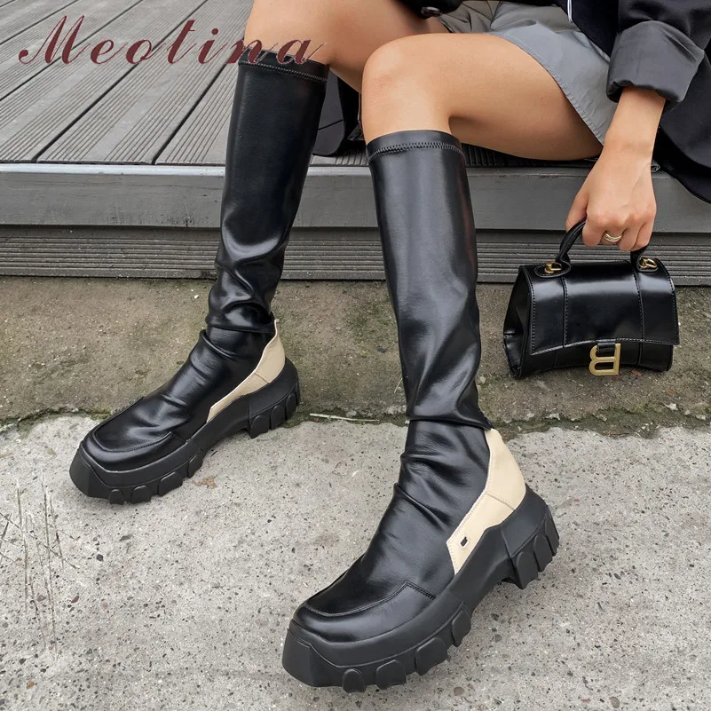 Meotina/Сапоги до колена из натуральной кожи на плоской платформе женская обувь