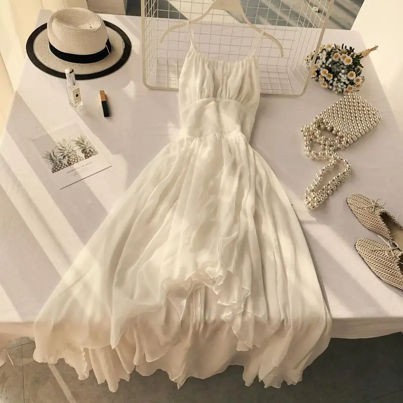 

2020 New Women Elegant White Dress Summer Beach Slim A-line Sleeveless Spaghetti Strap Dress Female Square Collar Long Robe