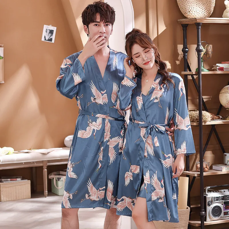 Пижама для пар шелковистый халат кимоно ночная рубашка с v-образным вырезом