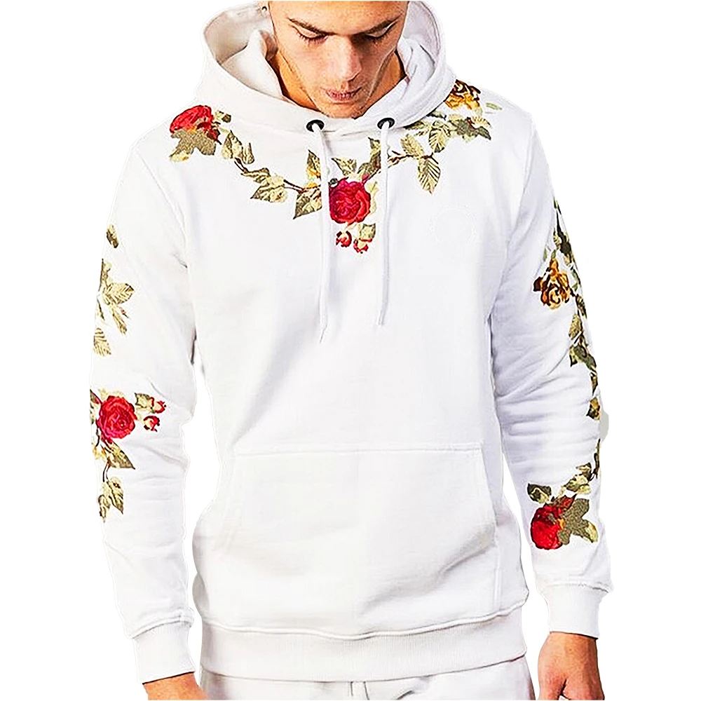 

Black White Solid Color Floral Embroidery Men's Hooded Pullover Male Hip Hop Casual Sweatshirt Streetwear Plus Size Basic Hoodie