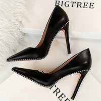 bigtree shoes rivet woman pumps 2021 new high heels stiletto pu leather women heels sexy party shoes female heel plus size 43