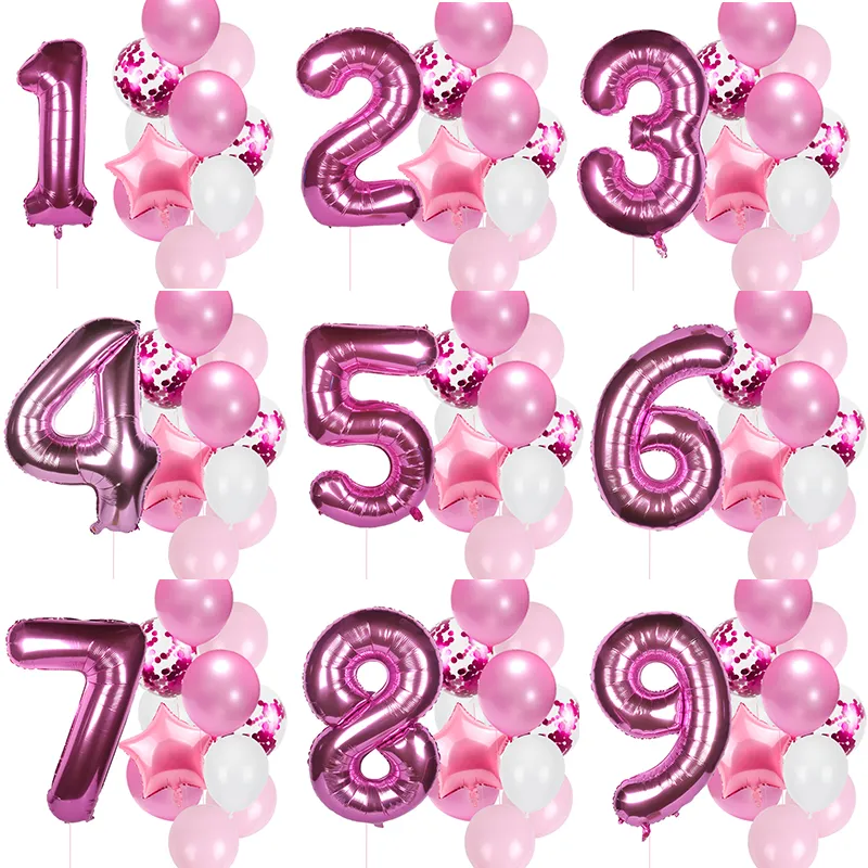 12pcs First Birthday Girl Boy Party Balloons Pink Number Baloon Birthday Decoration Kids 1 2 3 4 5 6 7 8 9 Years Party Supplies