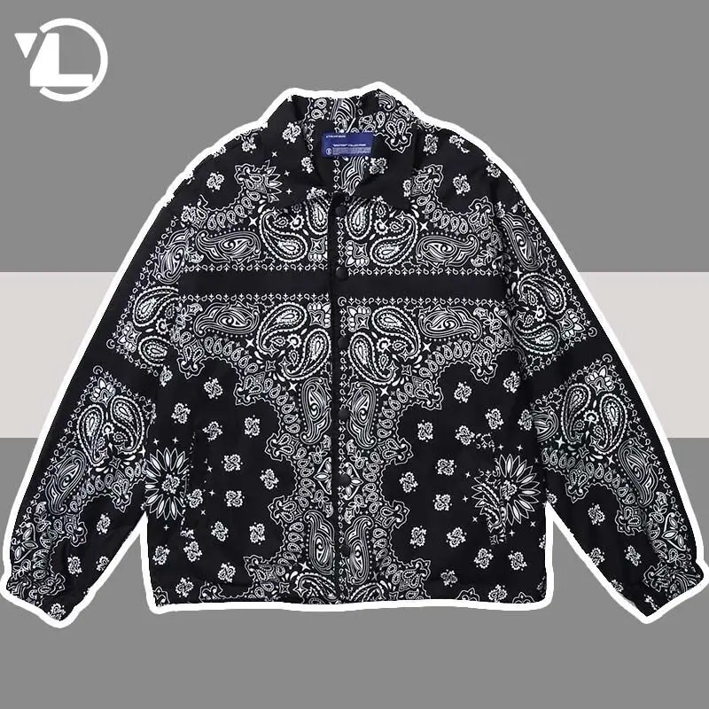 

Mens Hip Hop Bomber Jackets Bandana Paisley Pattern Windbreaker Harajuku Streetwear Autumn Casual Cotton Oversized Coats New