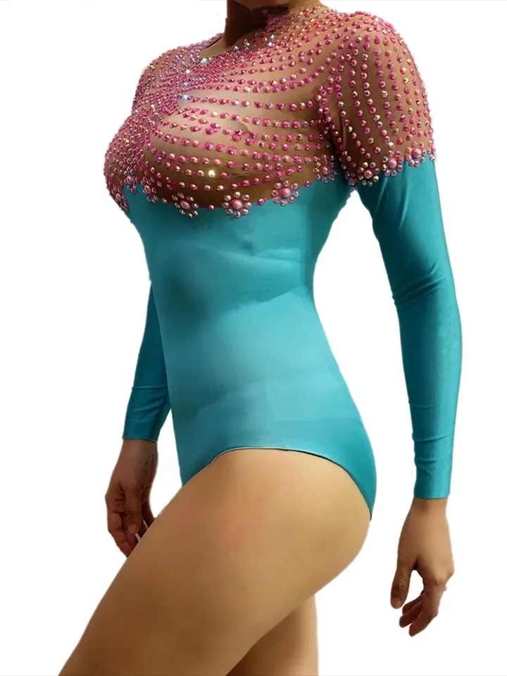 Lady Long Sleeve Pink Rhinestones Bodysuit Stretch Spandex Skinny Leotard Acrobatic Pole Dance Costume Singer Dancer Stage Wear