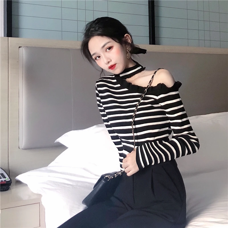 

ruffles casual full skew collar striped Spring and autumn off shoulder T-Shirts Women's Clothing high quality temperament tops