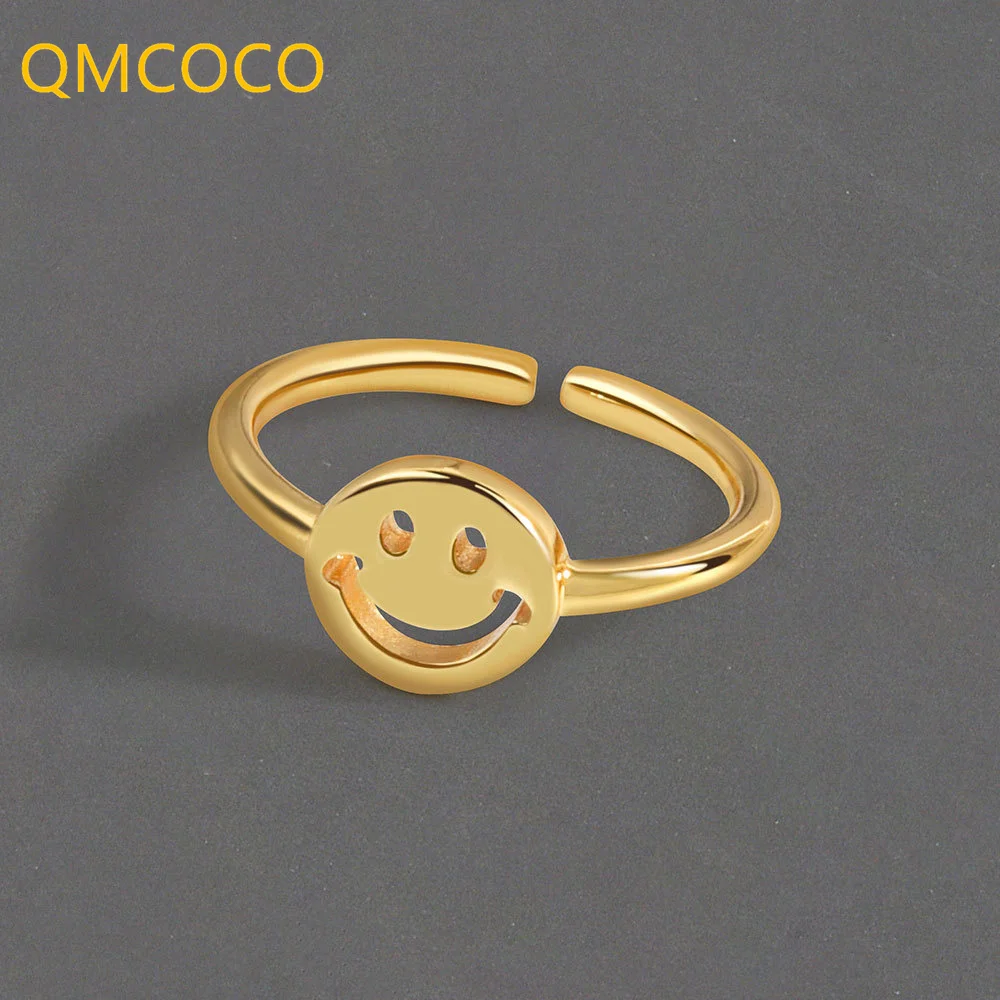 

QMCOCO 925 Silver New Style Trendy Hip-Hop Simple Hollow Out Smile Face Rings For Woman Girl Party Jewelry Birthday Gifts