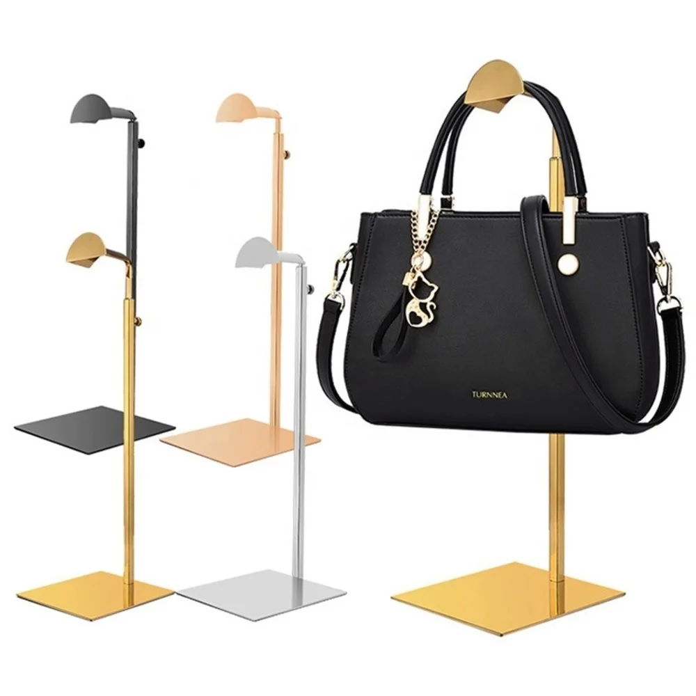 

Golden Stainless Steel Hanging Bag Display Stand Metal Handbag Hanger Rack Wig Hat Hook Bracket Standee Exhibition Showing Props