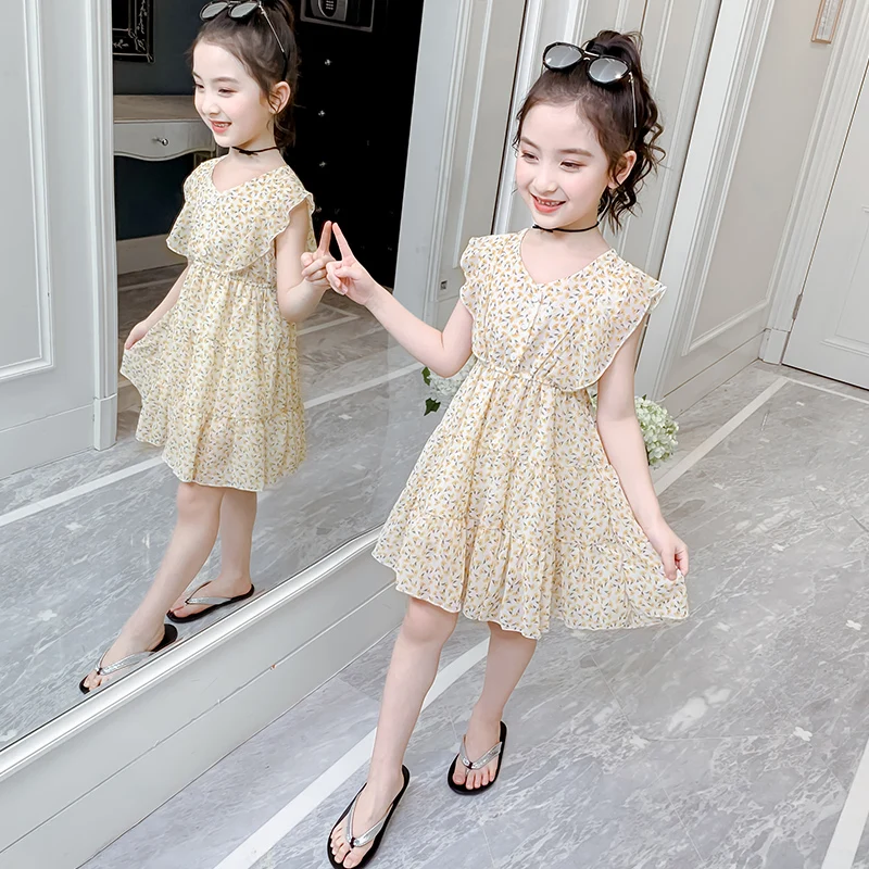 

New Floral Pattern Girls Chiffon Dress 3-13 Years Old Children Clothes Summer V-Neck Collar Princess Dresses for Girl 2 Colors
