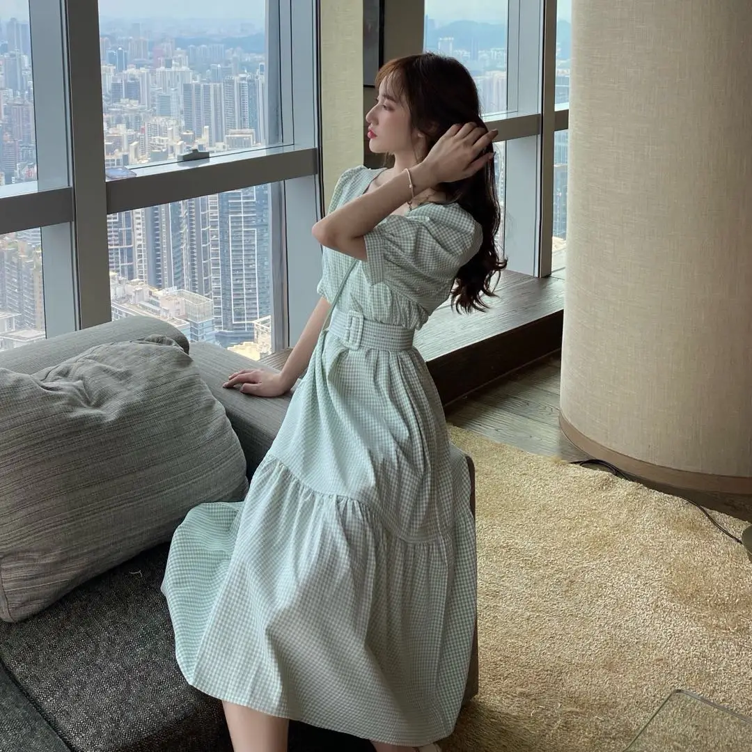 

Vintage Plaid Dress Women French Square Collar Puff Sleeve Thin Fairy Dress Female Party Girls One-piece Dress Korea 2020 Autumn