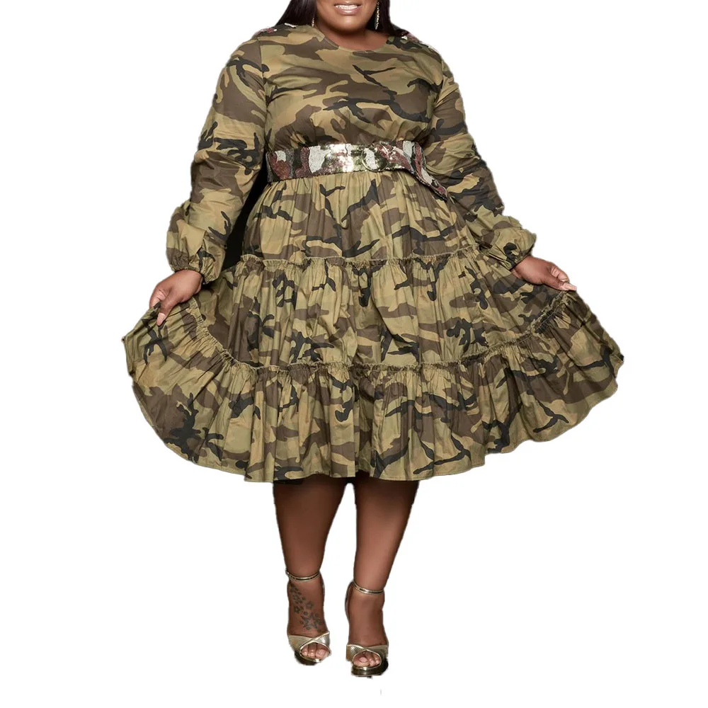 

2021 Spring Autumn New Temperament Printing Camouflage Oversize African Casual Round Neck Long Sleeve Women's Dress Western