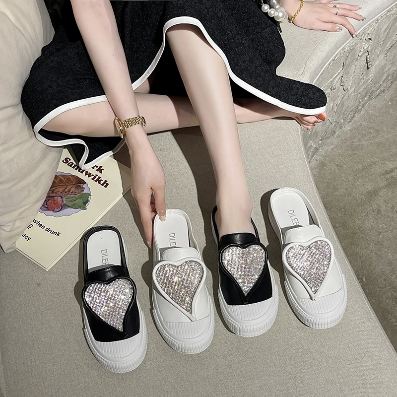 

Women's Flip Flops 2021 Summer New Fashion Heart Shaped Rhinestone Baotou Women's Slippers All-match Comfortable Women's Shoes