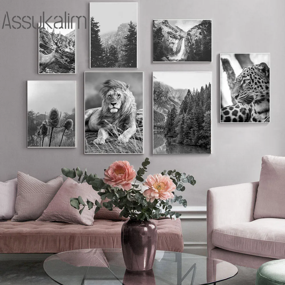 

Black And White Wall Art Posters Lion Leopard Canvas Art Print Forest Landscape Painting Nordic Wall Pictures Home Decoration