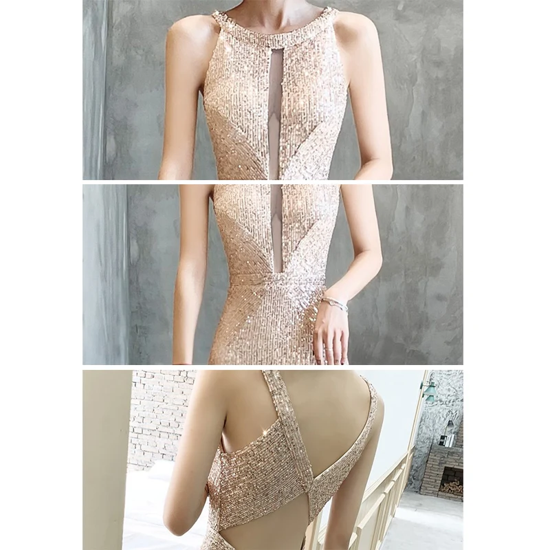 

Evening Dresses Champagne Sequined Shining Halter Elegant Evening Gowns Sleeveless Mermaid Long Evening Dresses For Women K097