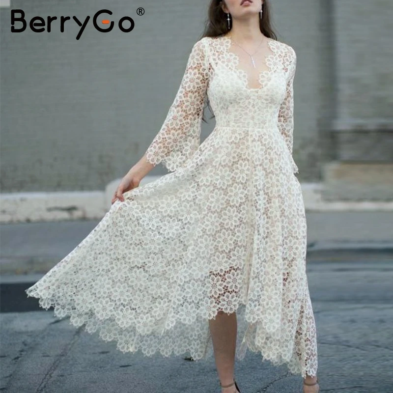 BerryGo кружевное прозрачное белое платье с v образным вырезом Цветочная вышивка