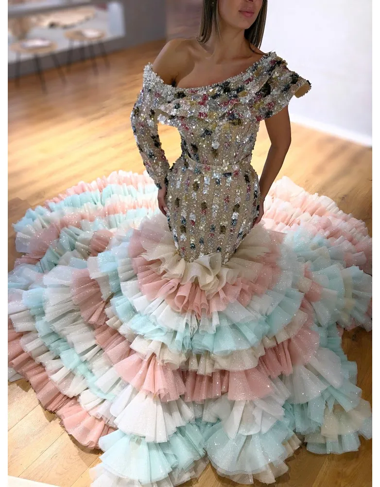 2020 One Shoulder Prom Dresses Rainbow Mermaid Krystal Appliqued Beaded Ruffles Sexy Women Occasion Pageant Evening Gowns