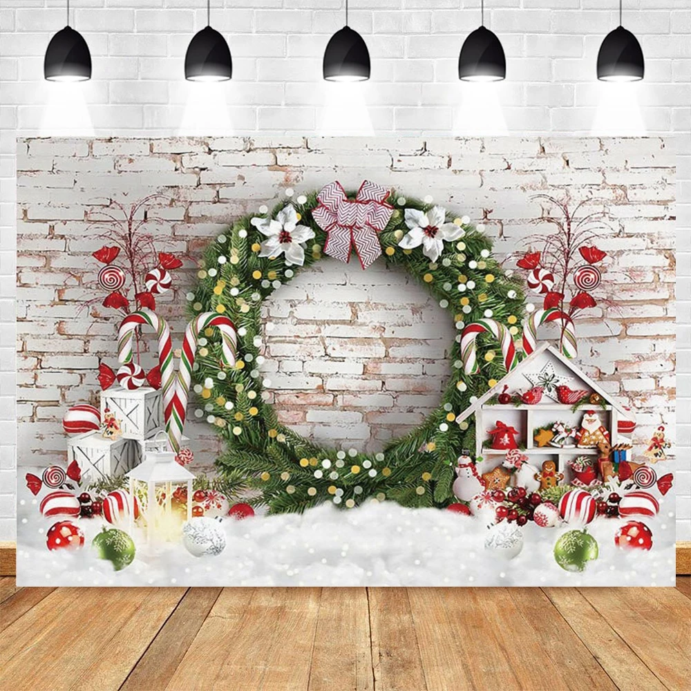 

Christmas Backdrop White Brick Wall Wreath Newborn Photography Background Kid Birthday Portrait Photoshoot Studio Props Banner