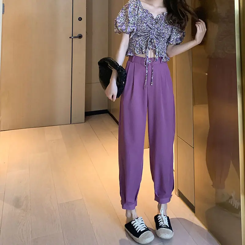 

Женский комплект из двух предметов, рубашка с коротким рукавом и принтом и прямые брюки с высокой талией, модель K174 на лето, 2021