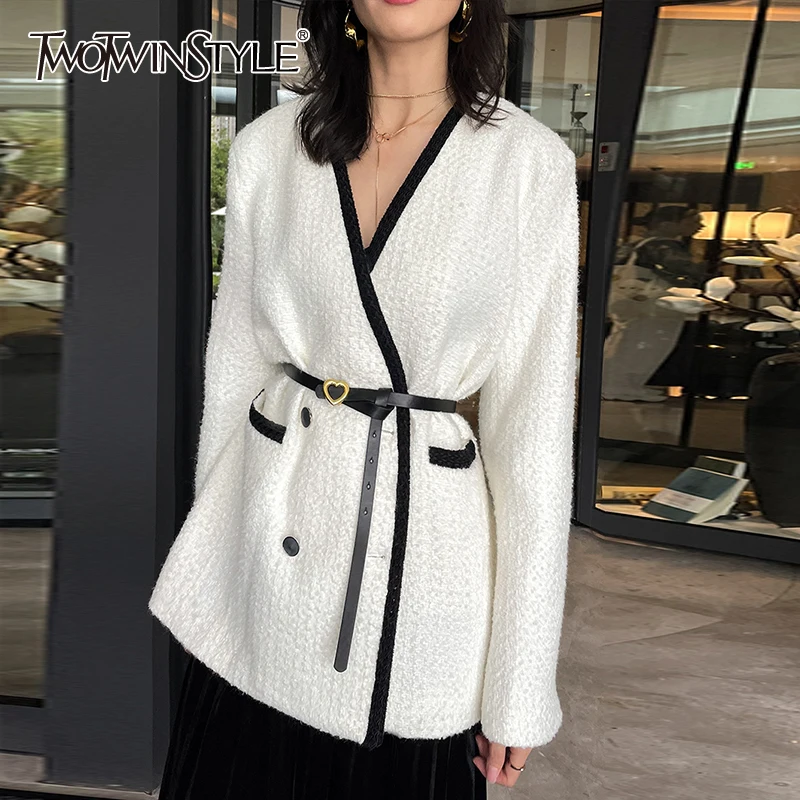 

TWOTWINSTYLE Casual Patchwork Colorblock Lace Up Coat Female V Neck Long Sleeve Fashion Temperament Coats For Women Autumn Style
