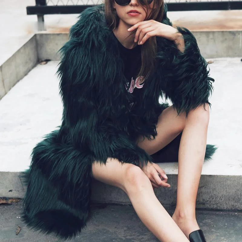 

Winter Fluffy Thicken Warmer Hoodie Hooded Coat Hairy Long Style Faux Fur Coat Chic Outerwear Overcoat Trenchcoats