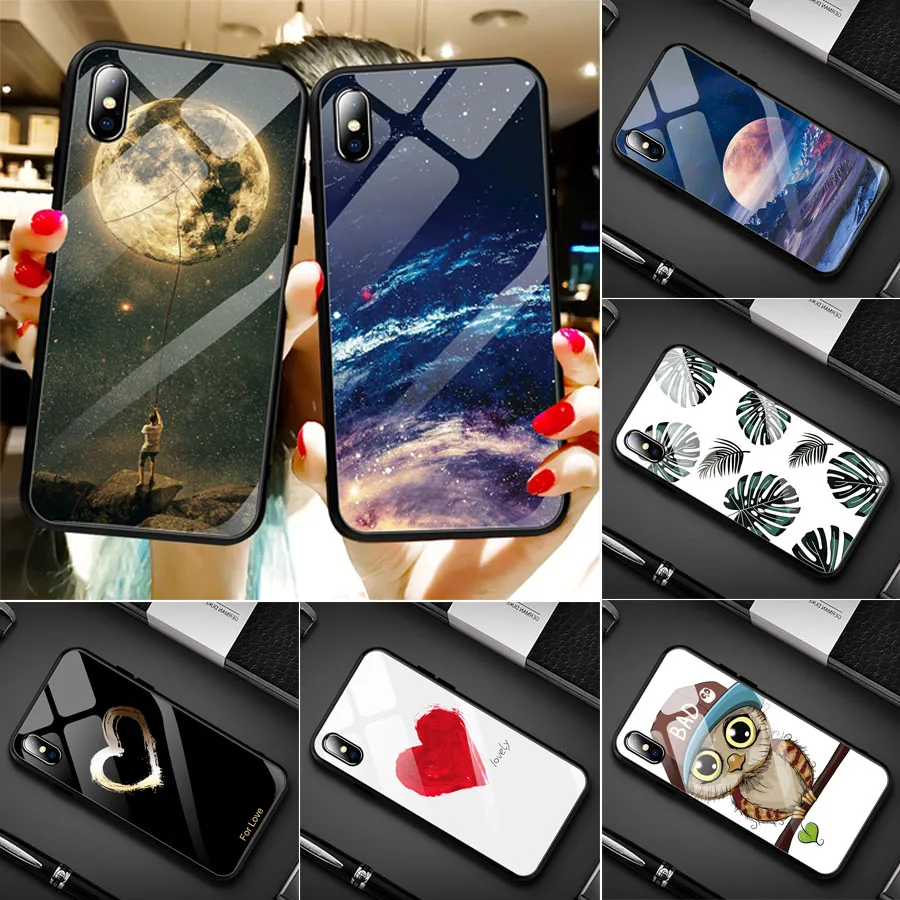 Роскошный окрашенный чехол из закаленного стекла для iphone 11 pro max x xr xs 8 7 6 6 S Вселенная Звездное Фламинго Луна цветочный узор мягкий край