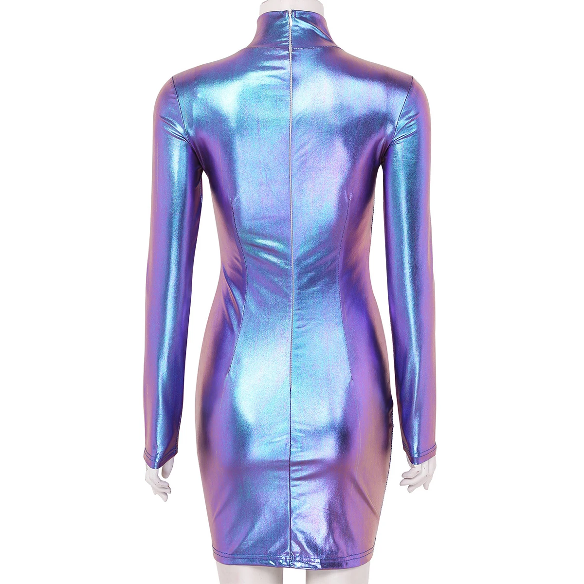 Women Shiny Metallic Holographic Long Sleeves Bodycon Sexy Mini Dress Nightclub Party Clubwear Festival Rave Pole Dance Costume |