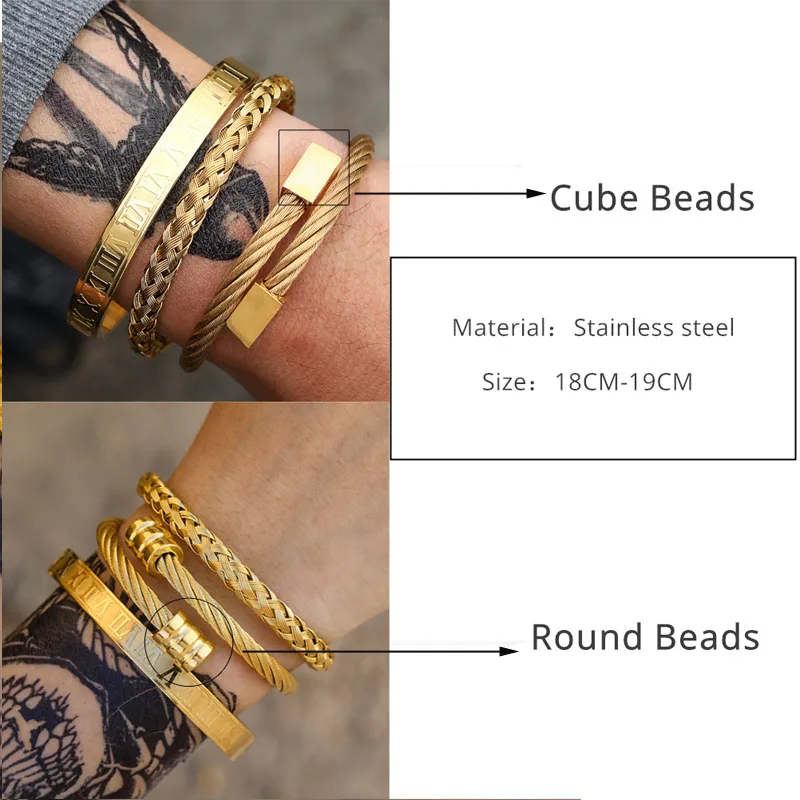 

Luxury 3pcs/Set Stainless Steel Bracelet Hip Hop Men Jewelry Roman Number Charm Gold Color Jewelry For Men Pulseira Bileklik