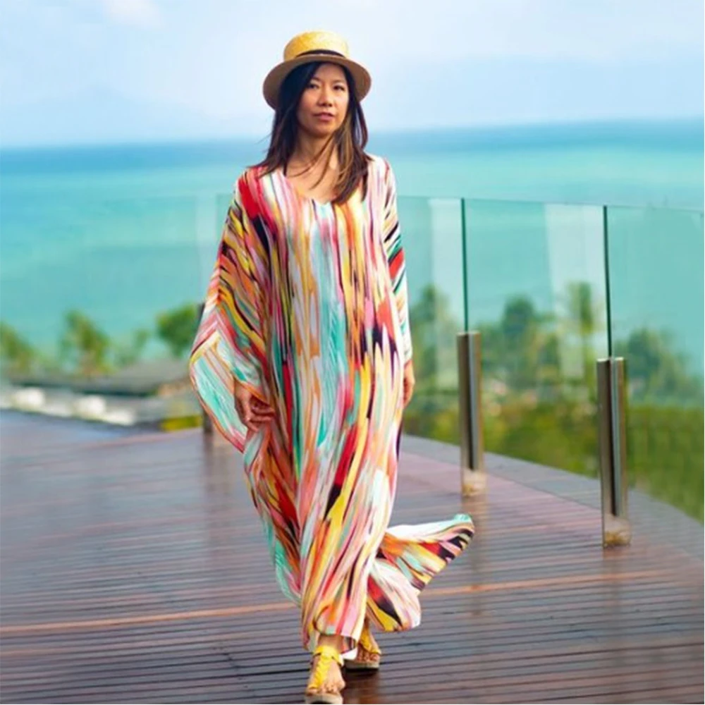 

New Colourful Beach Dress Oversize Bikini Cover Up Tie Dye Chiffon Beach Wear Batwing Sleeve Mujer 2020 Maxi Dress Pareos De Pla