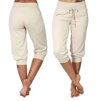 women casual solid color low rise drawstring pockets sports capri beach leisure pants shorts
